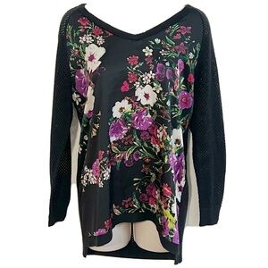 Bisou Bisou floral satin lightweight long sleeve v neck tunic top medium black
